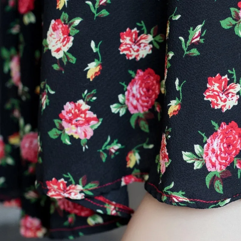 Genuine Leather Patchwork Chiffon Floral Dress Women Spring New Vintage Red Midi Dresses Elegant O-Neck Ruffles Party Vestidos | Женская