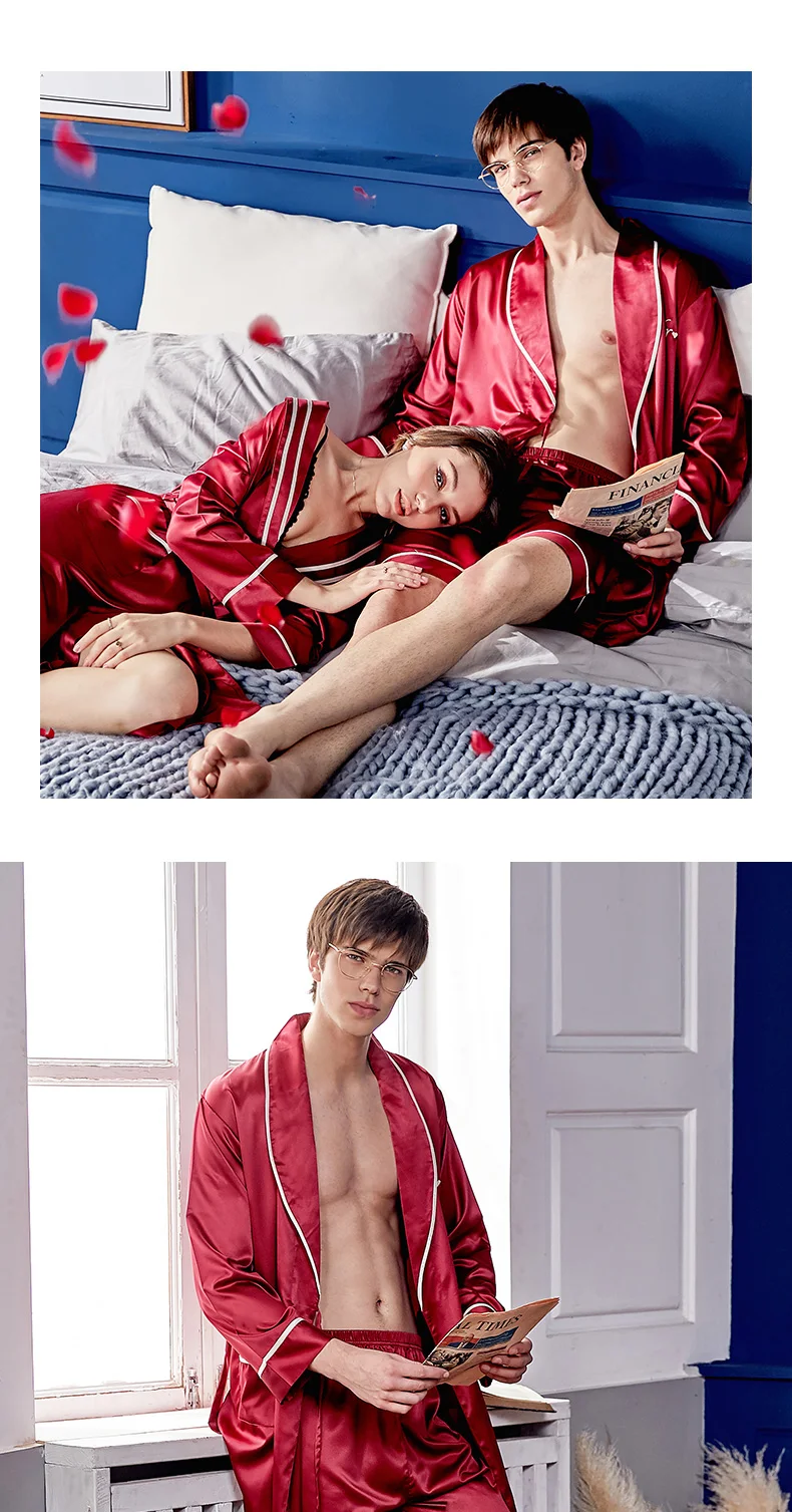 CherLemon/летний комплект для пары халатов, длинный рукав, Одноцветный шелковый красный комплект для сна, комплекты для свадьбы, Сексуальный банный халат для мужчин и женщин