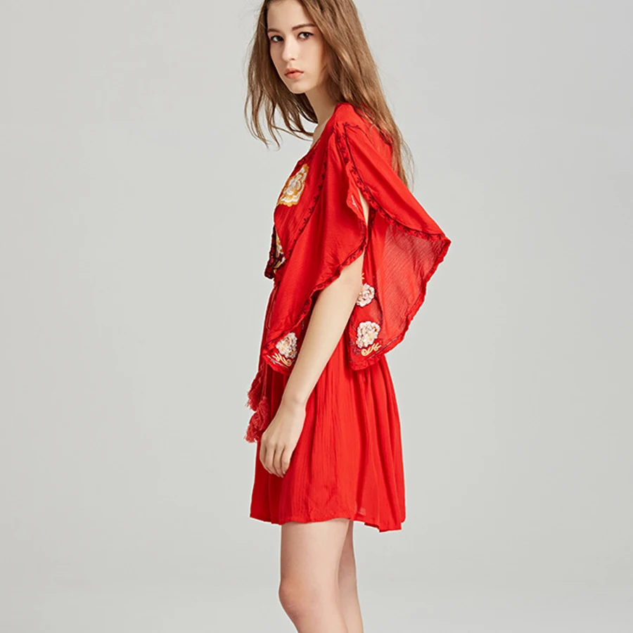 Женское пляжное платье с цветочной вышивкой глубоким V образным вырезом|boho dress|beach