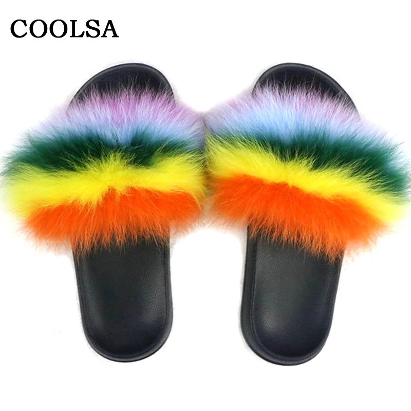 mixed color E Coolsa/летние женские шлепанцы из лисьего меха; шлепанцы без задника с натуральным мехом; женские домашние Вьетнамки; повседневные сандалии с мехом; модная пушистая плюшевая обувь - Цвет: mixed color E