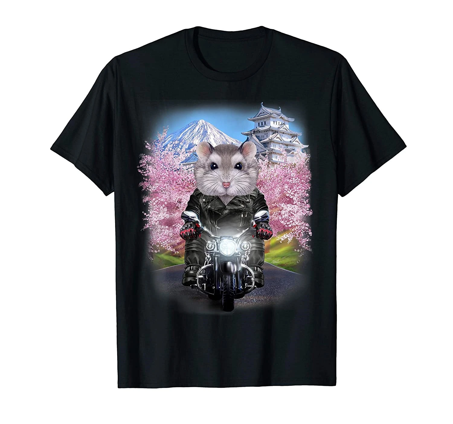 

Camiseta gris de hmster en motocicleta, camiseta japonesa de Sakura Garden