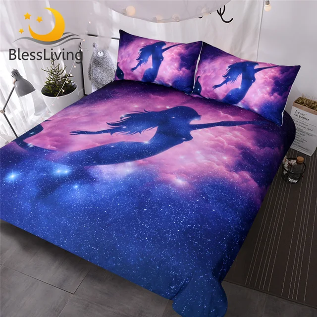 BlessLiving Galaxy Mermaid Bedding Set Girly Psychedelic Space Stars Duvet Cover Pink Purple Sparkly Nebula Bedclothes 3-Piece 1