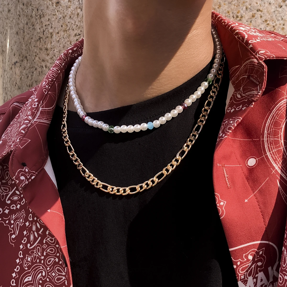 

IngeSight.Z 2Pcs/Set Imitation Pearls Crystal Beads Choker Necklaces for Men Multi Layered Vintage Link Chain Necklaces Jewelry