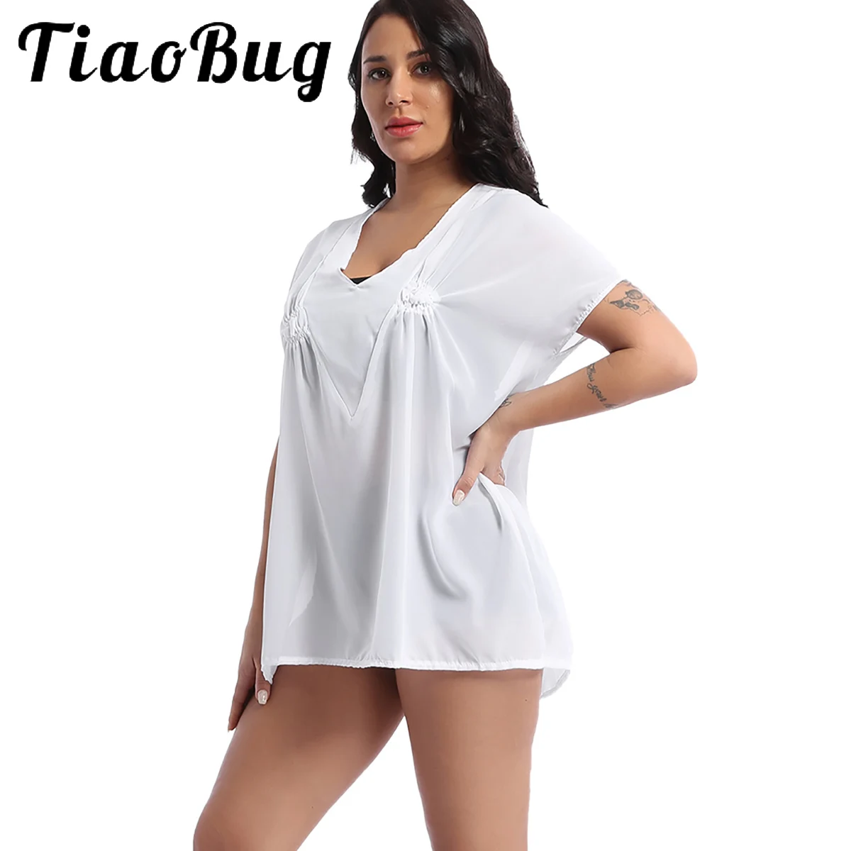 

Women Summer Chiffon Cover Ups Top Summer Holiday See-through V Neck Shirts Beach Pool Swimwear Bikini Blouse Pullover Beachwear