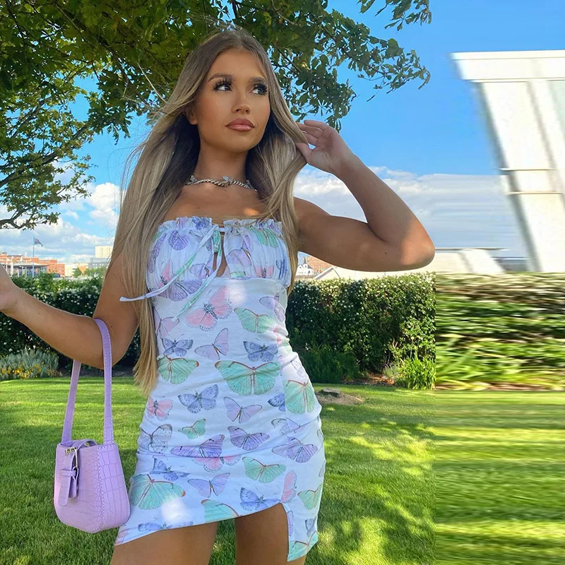 Женское платье с рюшами BKLD разноцветное Бандажное принтом бабочки на шнуровке