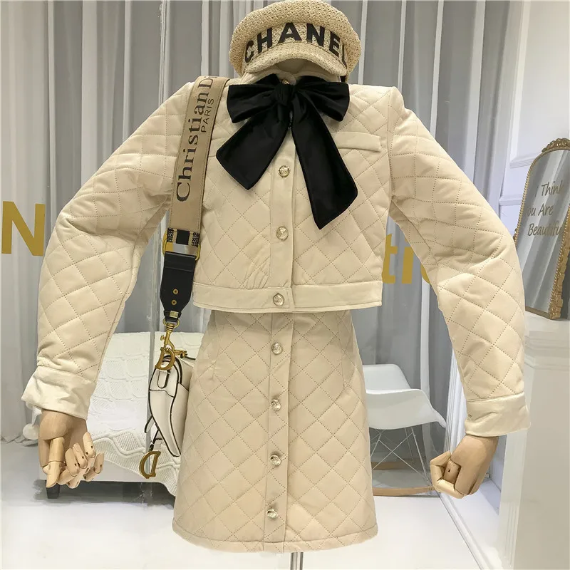 ALPHALMODA Women's 2019 Winter Elegant Padded Skirt Suits Bow Collar Long-sleeved Short Cut Coat A-line 2pcs Fashion Set | Женская