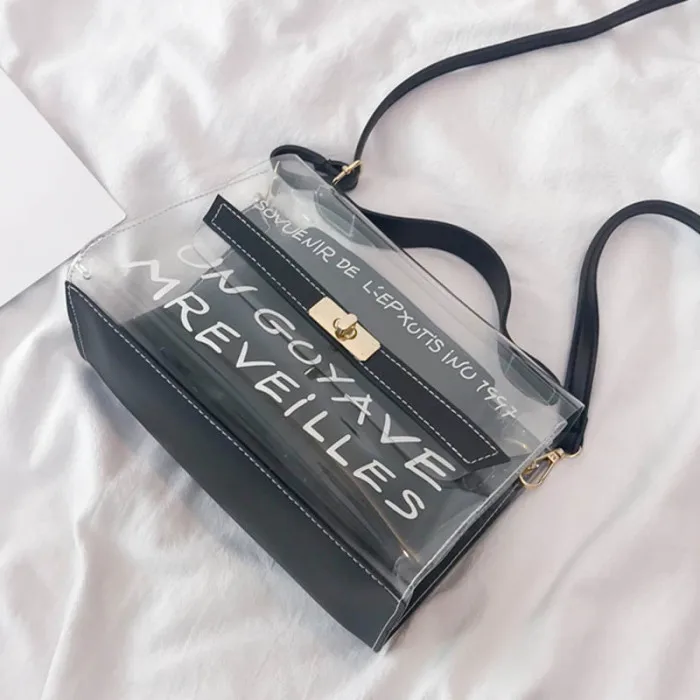 Women Composite Bags PVC Transparent Handbag Letters Printed PU Leather Purse Shoulder Bag-OPK