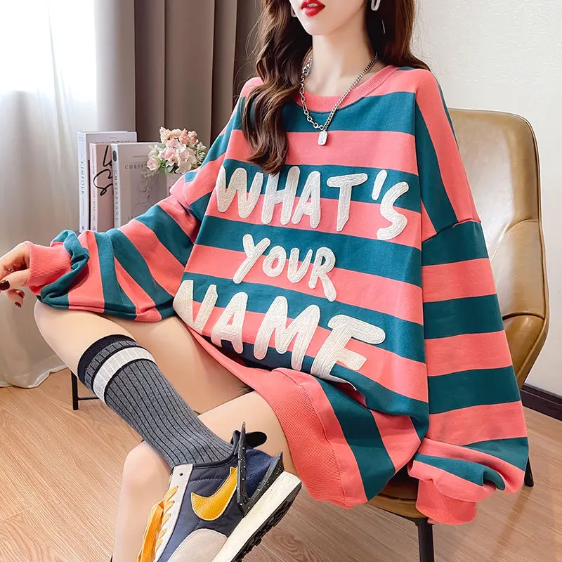 

Женский свободный свитер с вышивкой, тонкий свитер большого размера с круглым вырезом и надписью в полоску, модель N072 в Корейском стиле на о...