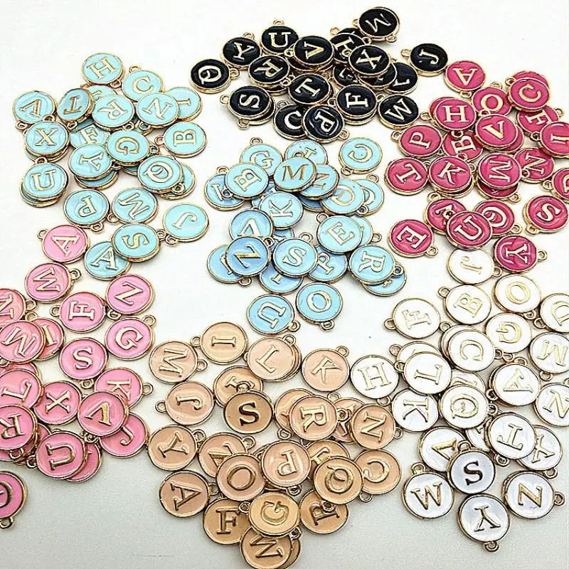 

26pcs 12*14mm Round Gold Enamel Alphabet Charms Color Capital Letter Beads Initial Pendants Alloy Jewelry Making Accessories DIY