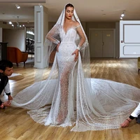 2019 sweetheart wedding dress mermaid beaded pearls tulle the veil floor length women dress muslim bridal gowns backless court