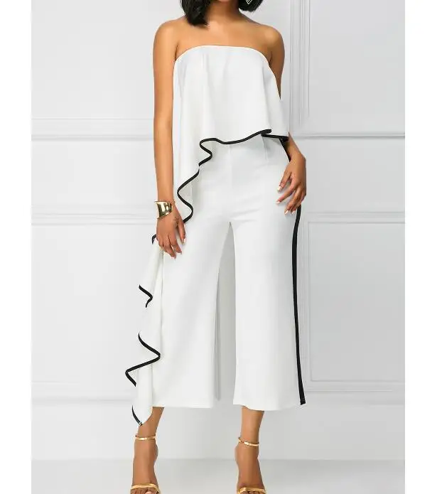 

Women Off Shoulder Ruffles Sleeve Playsuit Crop Top Wide leg Pant Sexy Fashion Jumpsuit Women High Waist Skinny Rompers