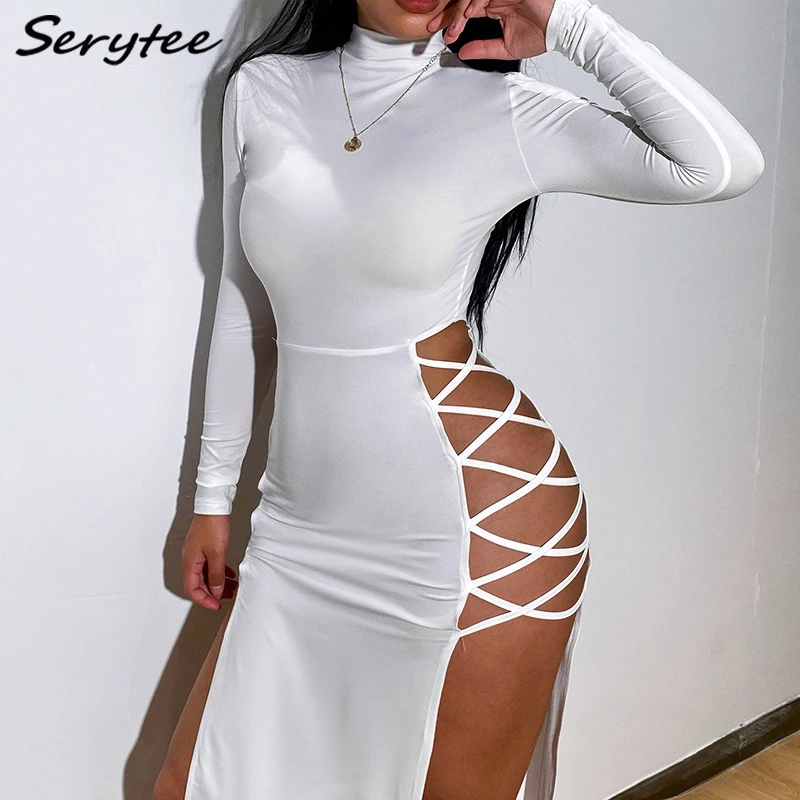 

Serytee Turtleneck Long Sleeve High Split Bandage Sexy Dress Women 2021 Autumn Winter Hollow Out Skinny Vintage Maxi Dresses