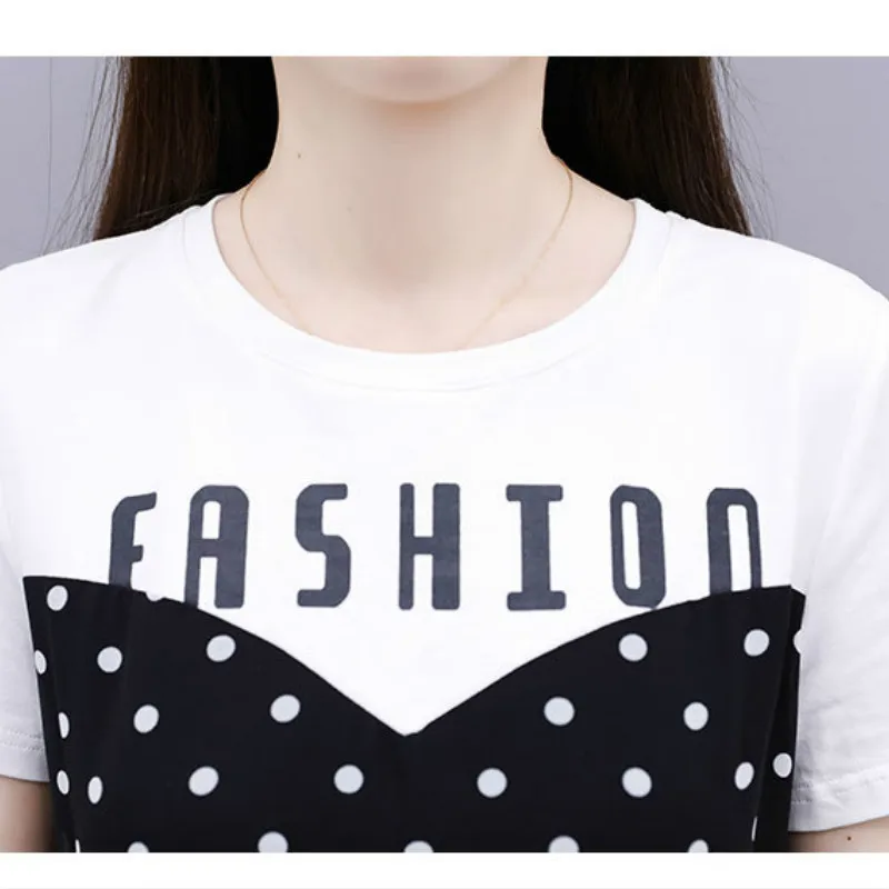 

2020 Summer New Women's Mid Length Fake Two Piece Set Polka Dot Splicing A-line Skirt O Collar Loose and Slim Large Sweet Dress