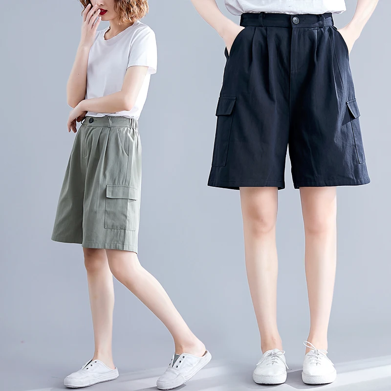 

Limiguyue Summer Women Soft Loose Boyfriend Short Cargo Shorts Elastic Waist Plus Size Vintage 100% Cotton Wide Leg Shorts K666