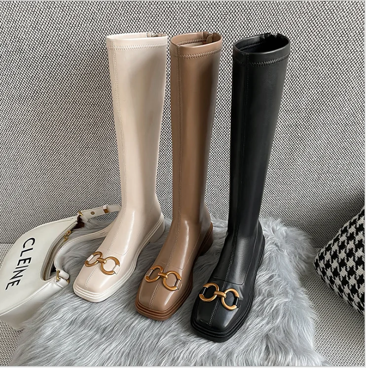 

2021 autumn and winter new network red lean boots high elastic boots but knee single boot metal buckle zipper knight boots