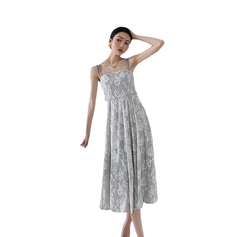 

2021 summer new French retro temperament Slim A-line long skirt misty gray ribbon sling dress female