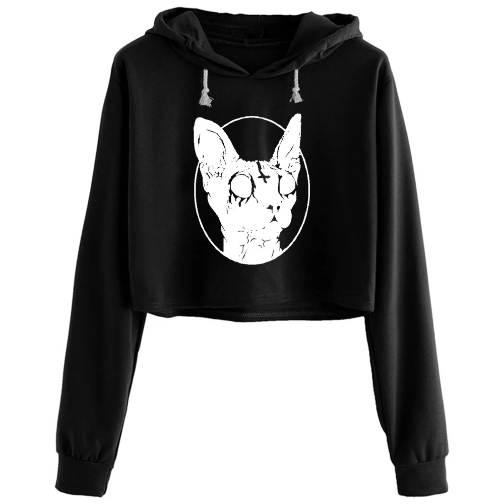 

Gothic Cats Pentagram Satan Funny Crop Hoodies Women Korean Y2k Kawaii Goth Pullover For Girls