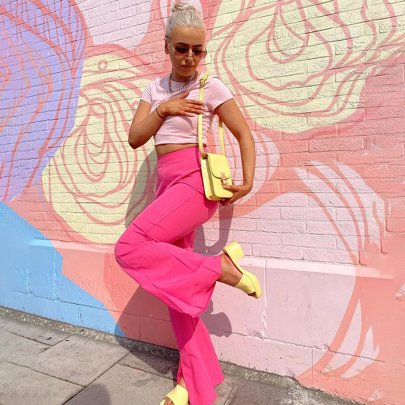 

2021 new spring slim and slim floor down pants, split length pants, flared pants, women's high waist down casual pants y2k pants