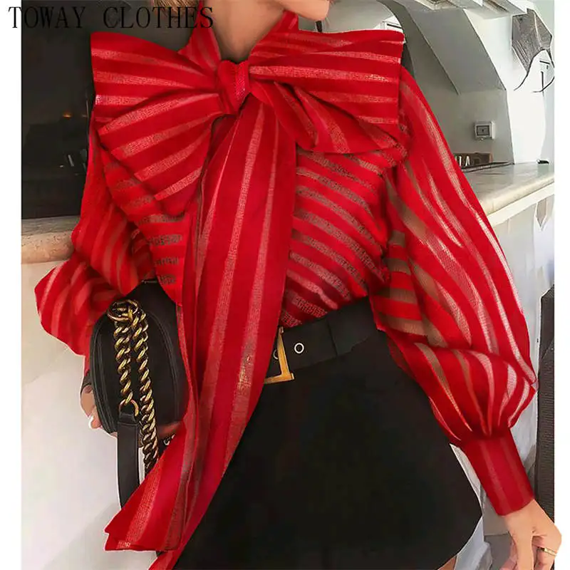 Женская ажурная блузка в полоску элегантная офисная с узлом и рукавами