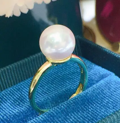 

free shipping 9-10mm round freshwater pearl ring Zircon crystal gem Jewellery