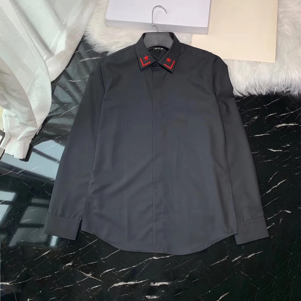 

DUYOU Mens Cotton Shirt Men Dress Shirt Men Embroidery Star and Right angle symbol High Quality Slim Fit Casual Shirts DY2274