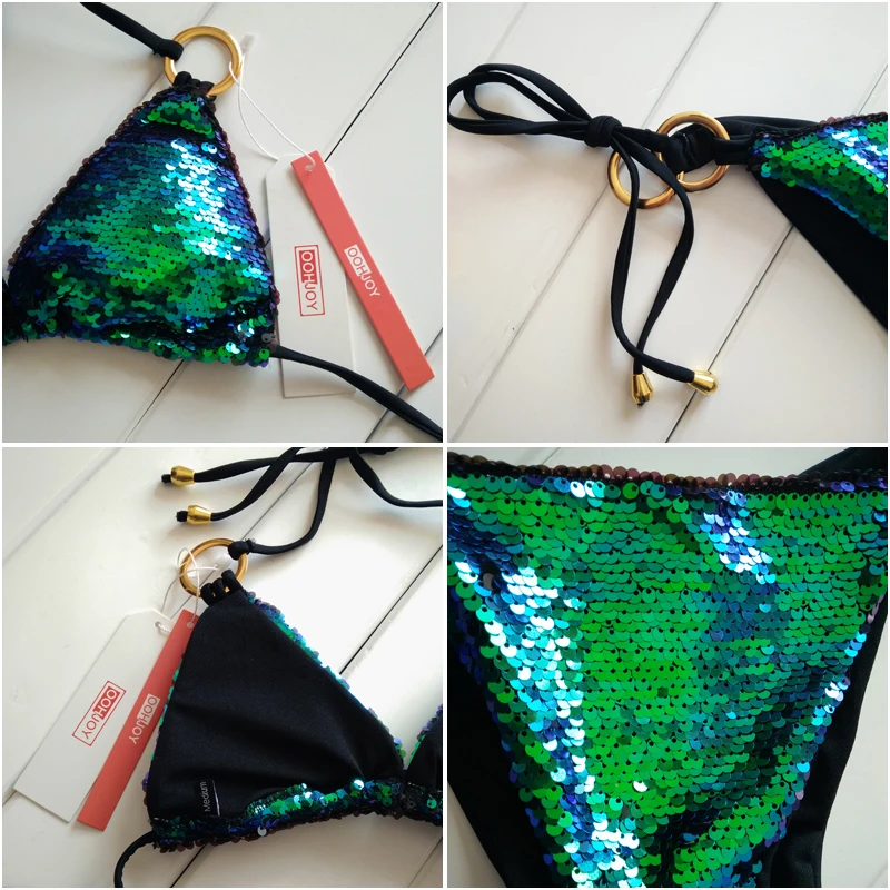

New Sexy Sequins Bikini Set Women Swimsuit Metal Ring Halter Gradient Solid Bathing Suit S-L Bandage Thong Padded Bra Bikinis
