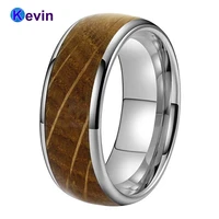 8mm tungsten engagement wedding bands rings for men women real whiskey barrel oak wood inlay domed shape polished shiny