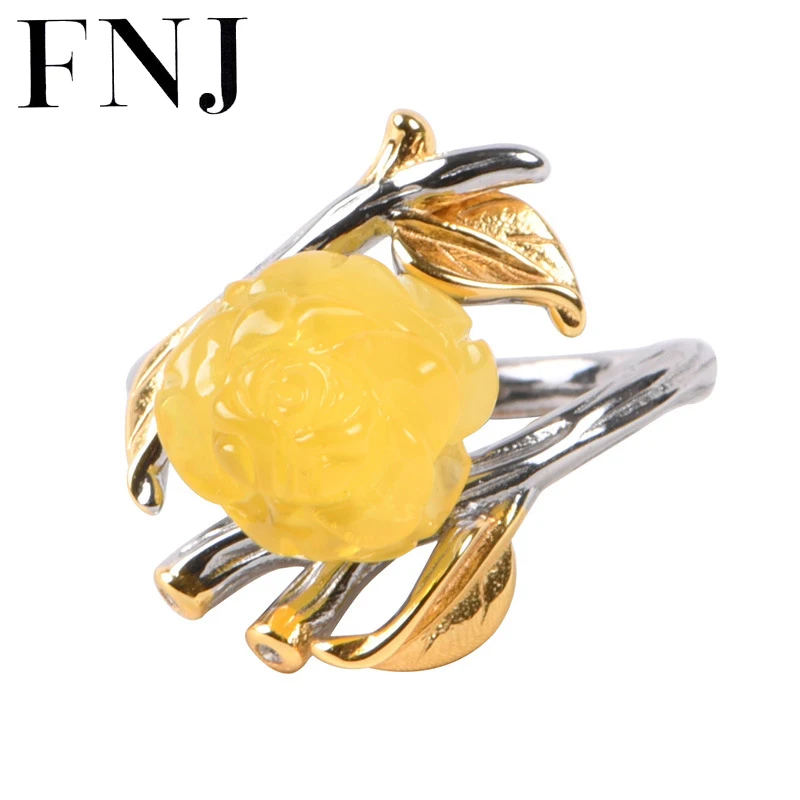 

FNJ Amber Rose Flower Leaf Ring 925 Silver Vintage Original S925 Sterling Silver Rings for Women Jewelry Adjustable size