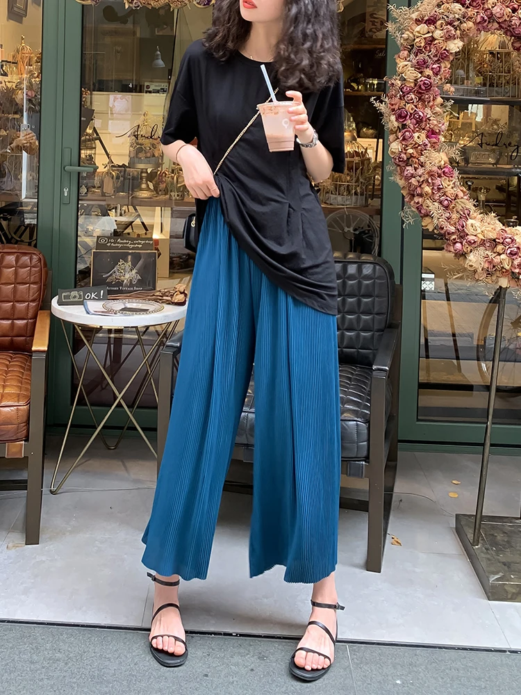 

Плиссированные брюки синего павлина, свободные эластичные брюки с высокой талией