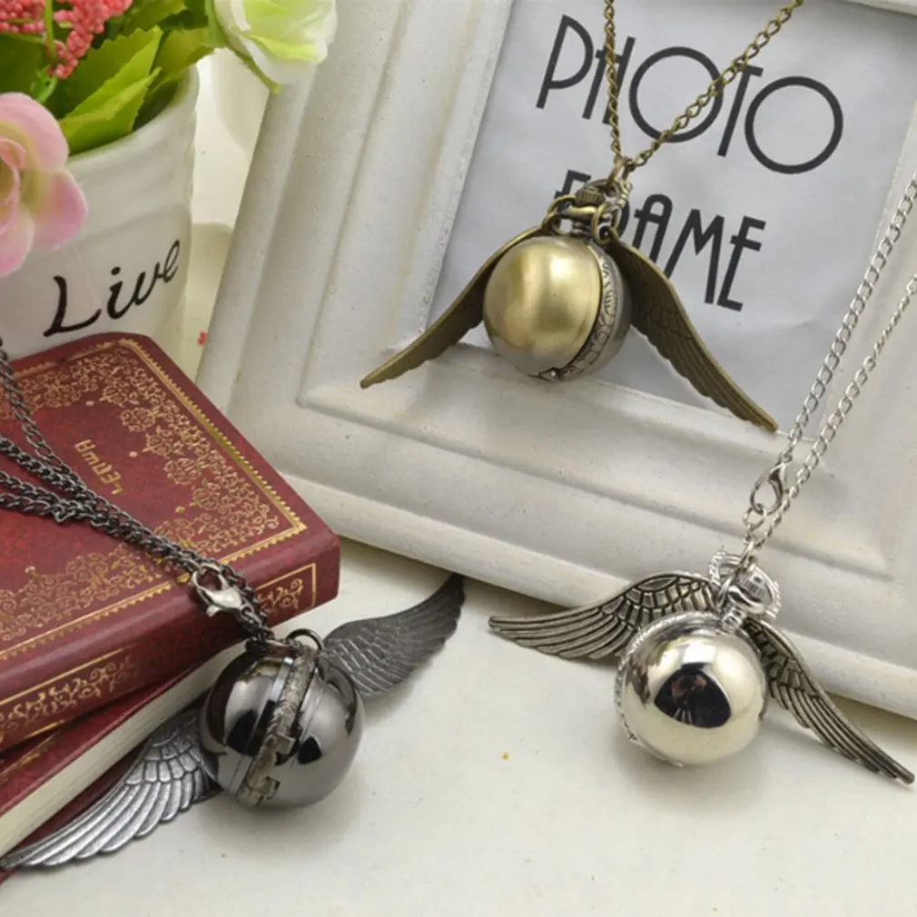 Крыло ангела Fob карманные часы кулон ожерелье цепь элегантный снитч кварцевые