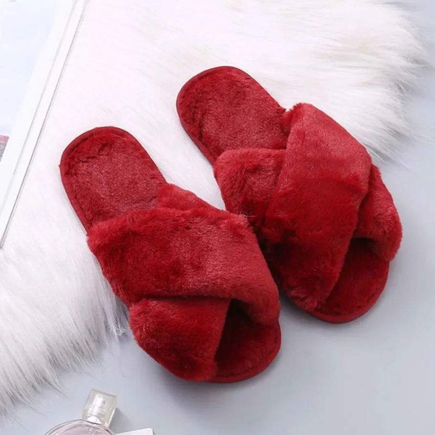 

Women House Slippers Warm Faux Fur Home Shoes Ladies Cross Soft Plush Furry Female Open Toe Slides Fashion Shoes Maggie's Walker