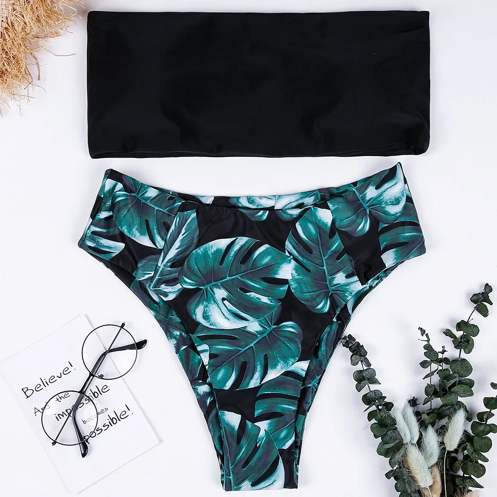 2020 new sexy swimsuit leaf print, strapless one-neck Bikini double-sided, high waist sexy split swimsuit two piece bathing