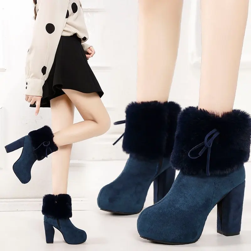 

Осень-зима 2021, женская обувь, Корейская версия теплых коротких сапог на толстом высоком каблуке, кожаные сапоги для женщин