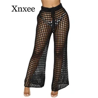 women mesh hollow out knitted drawstring khaki wide leg pants sexy see through loose holiday beach pants summer casual trousers