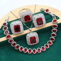 dubai classic silver color bride jewelry set for women wedding red zircon bracelet earrings necklace pendant ring christmas gift