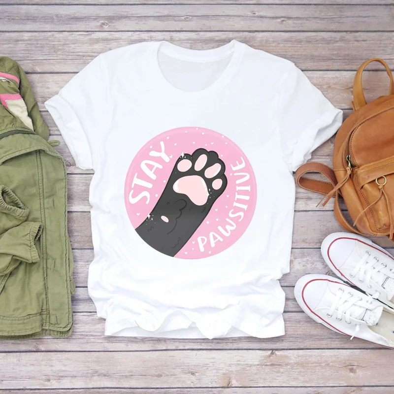 

Vrouwen T-shirts Cartoon Kat Poot Grappige Brief Huisdier Dier Leuke Dames Lady Womens Grafische T Top Overhemd Vrouwelijke Tee