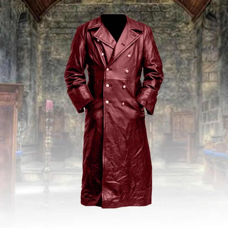 Мужская винтажная Длинная кожаная куртка средневековая верхняя одежда черного и