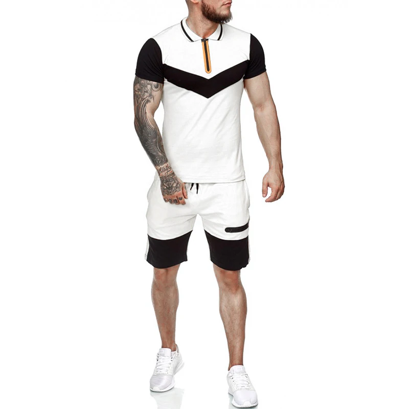 

Free Shipping Mens Fitness Set 2021 Summer Men Short Colorblock T Shirt Shorts Male Fashion Casual Patchwork Sportswear