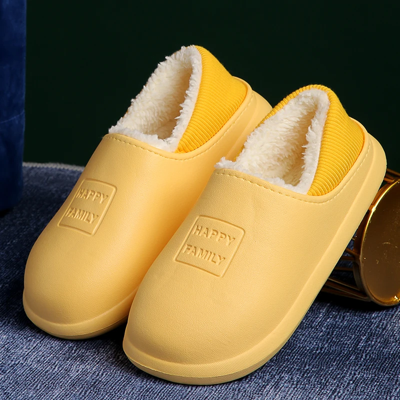 

Waterproof Winter Slippers Women Home Warm Woman Shoes Indoor Short Plush Home Slides Out Leather Cotton Unisex Men Slippers