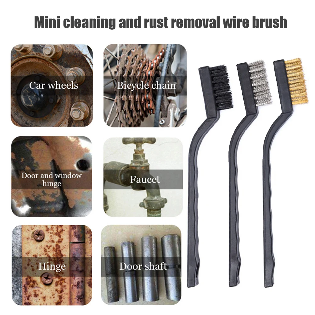 

3pcs Wire Brush 7 inch Mini Micro Steel Brass Nylon Rust Paint Remover Metal Scrubbing Polishing Burring Brushes Cleaning Tools