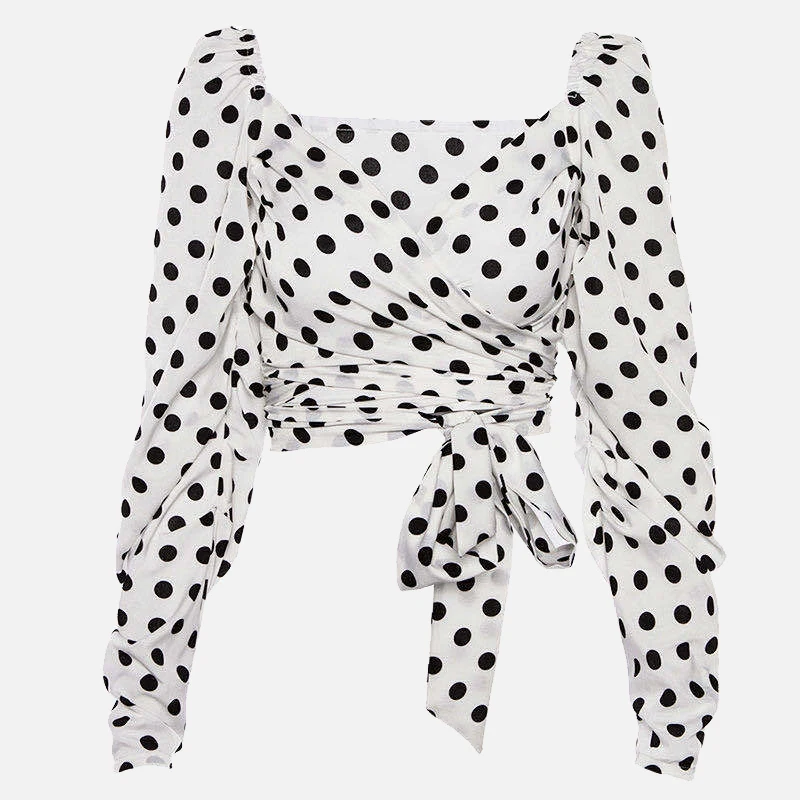 

Vintage Polka Dot Women Puff Long Sleeve Wrap Top Elegant 2021 Lace Up White Crop Top Blouse Sexy Backless Chic Female Shirts