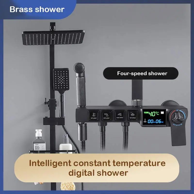 Ванная комната полный медный черный цифровой термостатический дисплей набор для