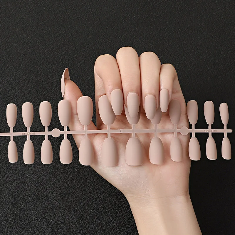 Nude Color Frosted Matte Fake Nails Full Cover Nails Tips Reusable Ballerina Coffin Solid Color False Nails with Glue Sticker