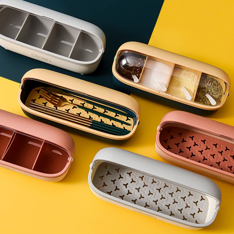 

Kitchen Four Grid Seasoning Pot Nordic Spice Jar Salt Pepper Shaker Spice Set Oval Chopstick Box Spice Rack Kitchen Storage Tool