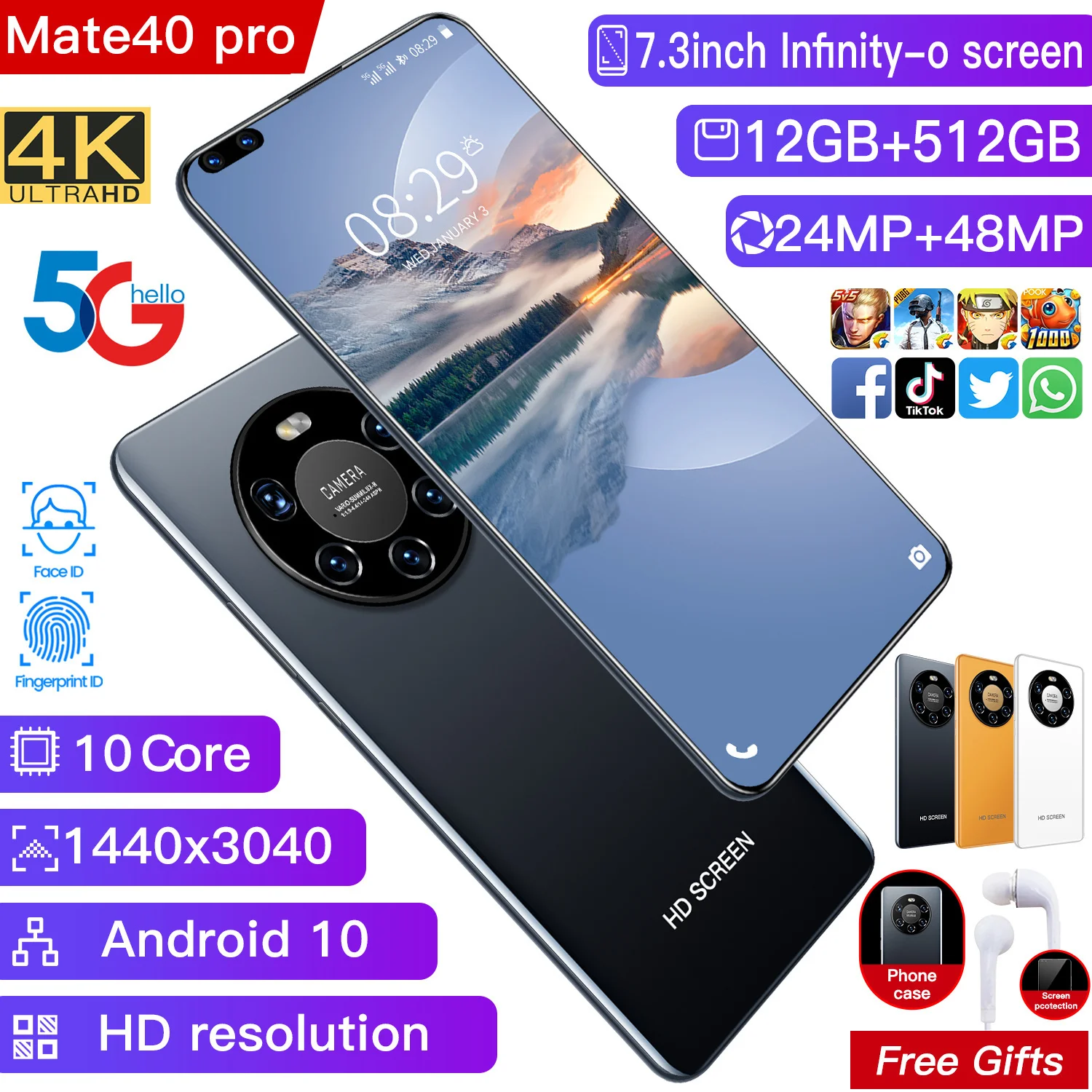 

Global Version Smartphone Mate40 Pro 7.3Inch 12GB+512GB Android 10 Deca Core 5G 5600mah 16MP+24MP MTK6899 Telephone Celulares