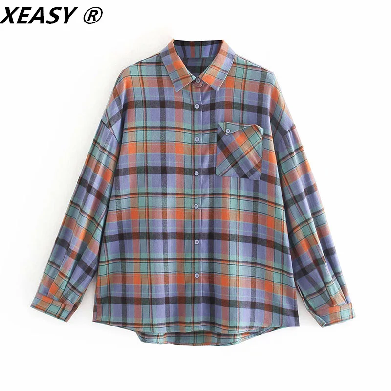 Женская рубашка в ретро-стиле XEASY винтажная однобортная Свободная блузка клетку