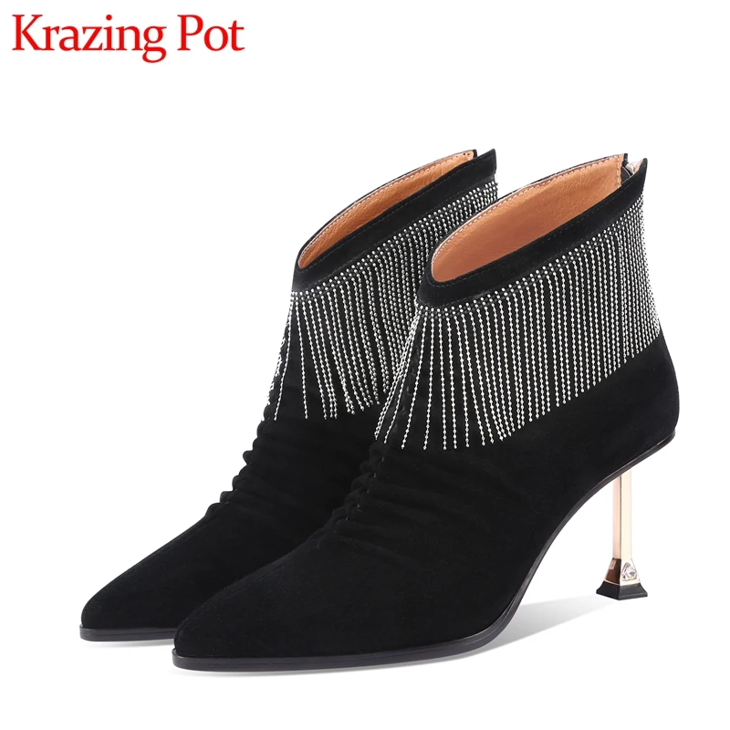 

Сапоги Krazing Pot Детские с кисточками, заостренный носок, на тонком высоком каблуке, пикантные вечерние, Зимние ботильоны в горошек, l31