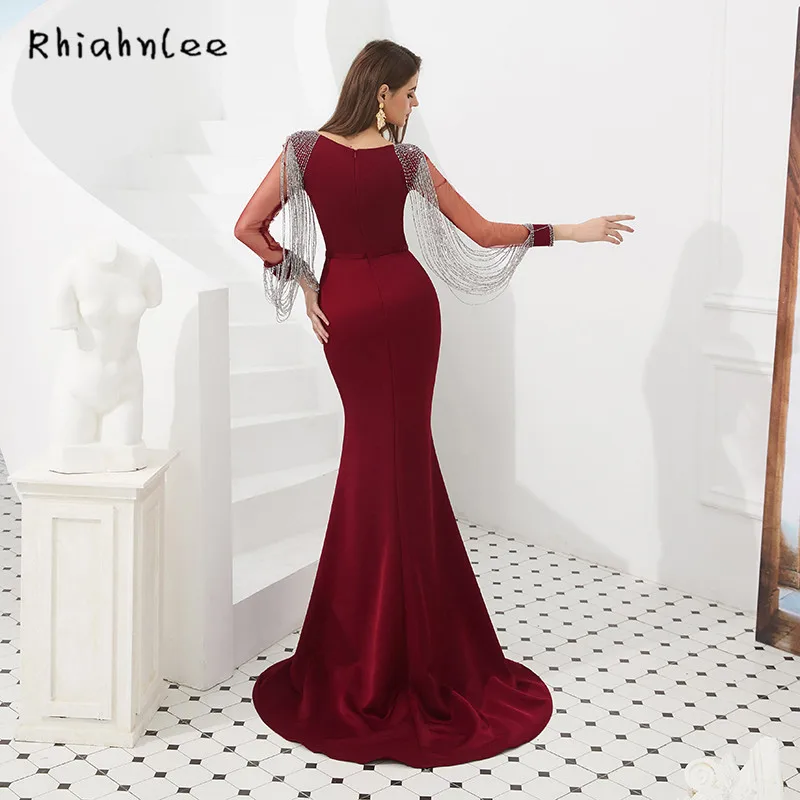 Rhiahnlee бордовые вечерние платья с длинным рукавом Дубай robe de soiree Sweep Train Русалка