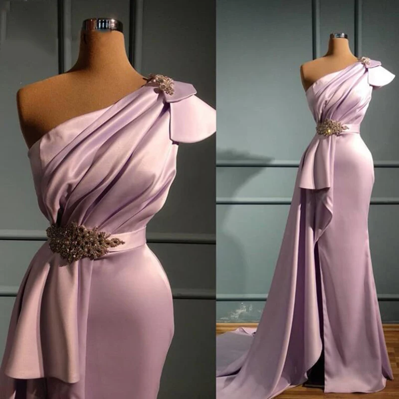

Elegant One Shoulder Mermaid Evening Dresses Real Image Beaded Abendkleider Pleated Formal Prom Dresses Women Party Gowns