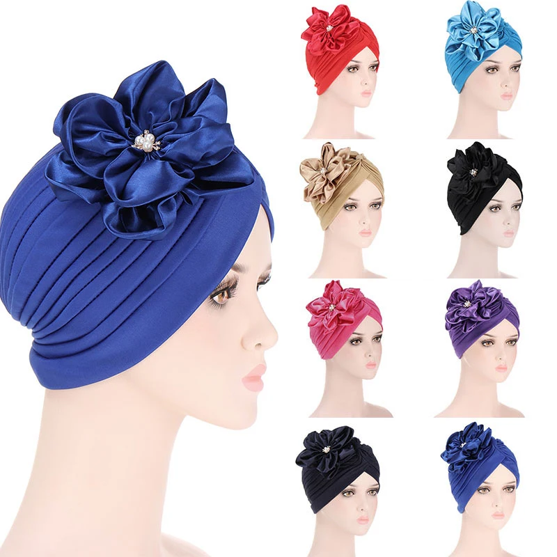 

2021 Women Flowers Ruffle Turban Caps Muslim Elastic Pearls Headscarf Bonnet Ladies Hair Accessories Indian Cap Turbante Mujer
